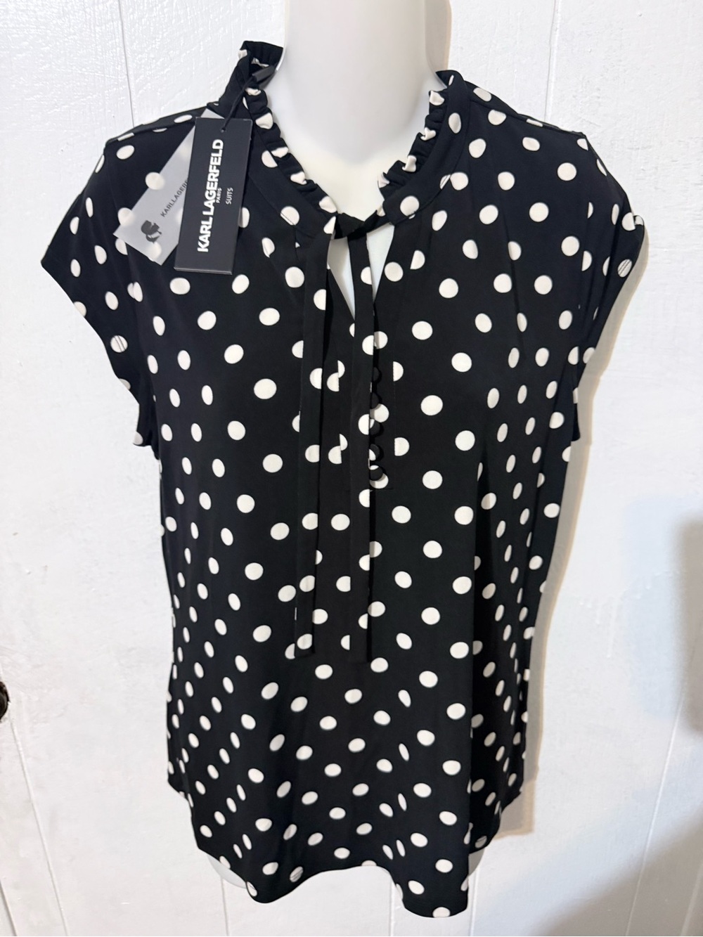 Karl Lagerfeld Black White Polka Dot Tie-Neck Cap Sleeve Blouse